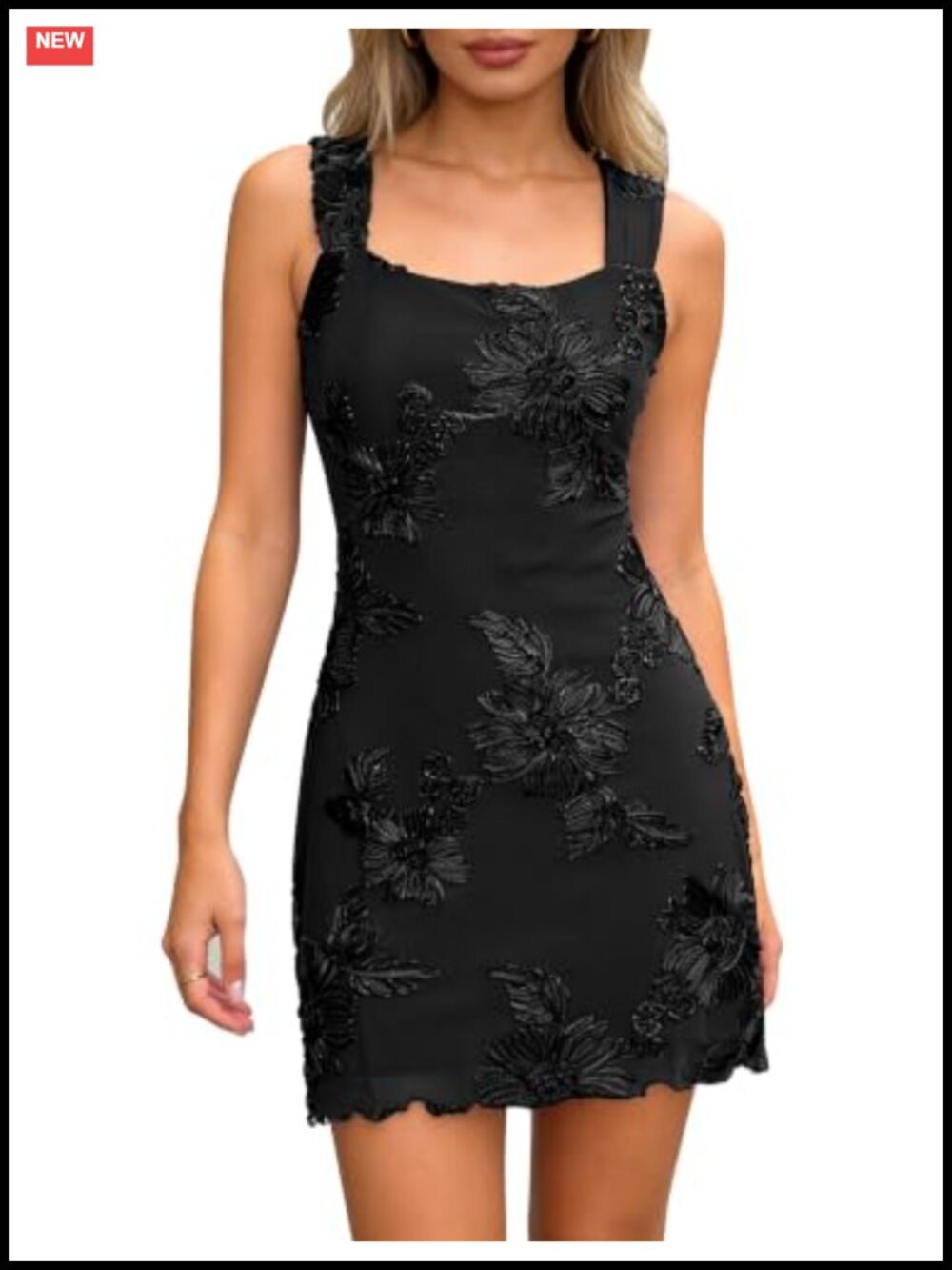 Embroidered Floral Mesh Mini Dress Women Square Neck Sleeveless A-Line Party